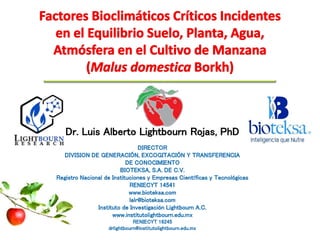 Dr. Luis Alberto Lightbourn Rojas, PhD
DIRECTOR
DIVISION DE GENERACIÓN, EXCOGITACIÓN Y TRANSFERENCIA
DE CONOCIMIENTO
BIOTEKSA, S.A. DE C.V.
Registro Nacional de Instituciones y Empresas Científicas y Tecnológicas
RENIECYT 14541
www.bioteksa.com
lalr@bioteksa.com
Instituto de Investigación Lightbourn A.C.
www.institutolightbourn.edu.mx
RENIECYT 16245
drlightbourn@institutolightbourn.edu.mx
 