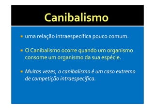 Canibalismo
uma relação intraespecífica pouco comum.

O Canibalismo ocorre quando um organismo
consome um organismo da sua espécie.

Muitas vezes, o canibalismo é um caso extremo
de competição intraespecífica.
 