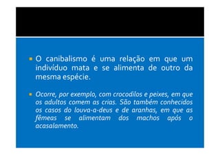 O canibalismo é uma relação em que um
indivíduo mata e se alimenta de outro da
mesma espécie.

Ocorre, por exemplo, com crocodilos e peixes, em que
os adultos comem as crias. São também conhecidos
os casos do louva-a-deus e de aranhas, em que as
fêmeas se alimentam dos machos após o
acasalamento.
 