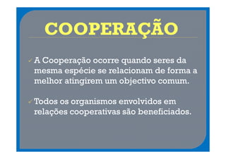 COOPERAÇÃO
A Cooperação ocorre quando seres da
mesma espécie se relacionam de forma a
melhor atingirem um objectivo comum.

Todos os organismos envolvidos em
relações cooperativas são beneficiados.
 