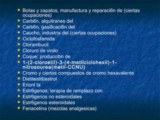    Botas y zapatos, manufactura y reparaci6n de (ciertas
    ocupaciones)
   Carb6n, alquitranes del
   Carb6n, gasificaci6n del
   Caucho, industria del (ciertas ocupaciones)
   Ciclofosfamida
   Clorambucil
   Cloruro de vinilo
   Coque, produccibn de
   1-(2-cloroetil)-3-(4-metilciclohexil)-1-
    nitrosourea(metil-CCNU)
   Cromo y ciertos compuestos de cromo hexavalente
   Dietilestilbestrol
   Erioni ta
   Estr6genos, terapia de remplazo con
   Estr6genos no esteroidales
   Estr6genos esteroidales
   Fenacetina (mezclas analgesicas)
 