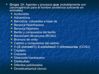    Grupo 2A: Agentes y procesos que probablemente son
    carcinogénicos para el hombre (evidencia suficiente en
    animales)
      Acrilonitrilo
      Adriamicina
      Bencidina, colorantes a base de
      Benzo(a1fa)antraceno
      Benzo(a1fa)pireno
      Berilio y compuestos del berilio
      Biscloroetil nltrosourea (BCNU)
      Bromuro de vinilo
      Cadmio y compuestos del cadmio
      1-(2-cloroeti1)-3-ciclohexil-1-nitrosourea (CCNU)
      Cisplatin
      Creosota
      Dibenzola.h)antraceno
      Dietilsulfato
      Difenilos policlorados
      Dimetilcarbamoil cloruro
 