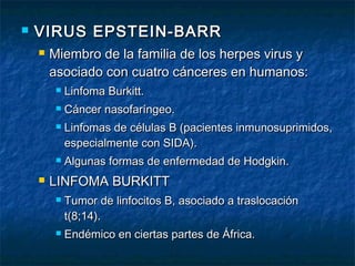    VIRUS EPSTEIN-BARR
       Miembro de la familia de los herpes virus y
        asociado con cuatro cánceres en humanos:
            Linfoma Burkitt.
            Cáncer nasofaríngeo.
            Linfomas de células B (pacientes inmunosuprimidos,
             especialmente con SIDA).
            Algunas formas de enfermedad de Hodgkin.
       LINFOMA BURKITT
            Tumor de linfocitos B, asociado a traslocación
             t(8;14).
            Endémico en ciertas partes de África.
 