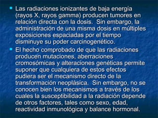    Las radiaciones ionizantes de baja energía
    (rayos X, rayos gamma) producen tumores en
    relación directa con la dosis. Sin embargo, la
    administración de una misma dosis en múltiples
    exposiciones espaciadas por el tiempo
    disminuye su poder carcinogenético.
   El hecho comprobado de que las radiaciones
    producen mutaciones, aberraciones
    cromosómicas y alteraciones genéticas permite
    suponer que cualquiera de estos efectos
    pudiera ser el mecanismo directo de la
    transformación neoplásica. Sin embargo, no se
    conocen bien los mecanismos a través de los
    cuales la susceptibilidad a la radiación depende
    de otros factores, tales como sexo, edad,
    reactividad inmunológica y balance hormonal.
 
