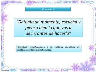 60 elementos en forma de cuadrados de 4 filas y 4 columnas de letras c/u en la que se debe señalar la columna que tenga la letra perdida.Test de la tarea del rendimiento continuo Consiste en detectar visualmte en 2 series de 600 letras c/u la letra X en una serie y el par AX, en la orta, durante un tiepo de 10 minutos en cada serie.Test de Toulouse-Piéron Aptitudes  perceptivas y de atención.