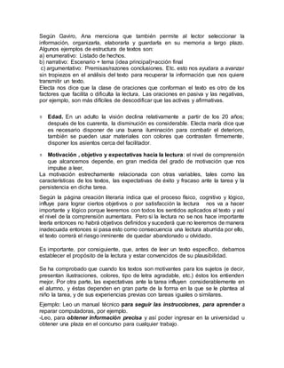 Según Gaviro, Ana menciona que también permite al lector seleccionar la
información, organizarla, elaborarla y guardarla en su memoria a largo plazo.
Algunos ejemplos de estructura de textos son:
a) enumerativo: Listado de hechos.
b) narrativo: Escenario + tema (idea principal)+acción final
c) argumentativo: Premisas/razones conclusiones. Etc. esto nos ayudara a avanzar
sin tropiezos en el análisis del texto para recuperar la información que nos quiere
transmitir un texto.
Electa nos dice que la clase de oraciones que conforman el texto es otro de los
factores que facilita o dificulta la lectura. Las oraciones en pasiva y las negativas,
por ejemplo, son más difíciles de descodificar que las activas y afirmativas.
৩ Edad. En un adulto la visión declina relativamente a partir de los 20 años;
después de los cuarenta, la disminución es considerable. Electa maría dice que
es necesario disponer de una buena iluminación para combatir el deterioro,
también se pueden usar materiales con colores que contrasten firmemente,
disponer los asientos cerca del facilitador.
৩ Motivación , objetivo y expectativas hacia la lectura: el nivel de comprensión
que alcancemos depende, en gran medida del grado de motivación que nos
impulse a leer,
La motivación estrechamente relacionada con otras variables, tales como las
características de los textos, las expectativas de éxito y fracaso ante la tarea y la
persistencia en dicha tarea.
Según la página creación literaria indica que el proceso físico, cognitivo y lógico,
influye para lograr ciertos objetivos o por satisfacción la lectura nos va a hacer
importante y lógico porque leeremos con todos los sentidos aplicados al texto y así
el nivel de la comprensión aumentara. Pero si la lectura no se nos hace importante
leerla entonces no habrá objetivos definidos y sucederá que no leeremos de manera
inadecuada entonces si pasa esto como consecuencia una lectura aburrida por ello,
el texto correrá el riesgo inminente de quedar abandonado u olvidado.
Es importante, por consiguiente, que, antes de leer un texto específico, debamos
establecer el propósito de la lectura y estar convencidos de su plausibilidad.
Se ha comprobado que cuando los textos son motivantes para los sujetos (e decir,
presentan ilustraciones, colores, tipo de letra agradable, etc.) éstos los entienden
mejor. Por otra parte, las expectativas ante la tarea influyen considerablemente en
el alumno, y éstas dependen en gran parte de la forma en la que se le plantea al
niño la tarea, y de sus experiencias previas con tareas iguales o similares.
Ejemplo: Leo un manual técnico para seguir las instrucciones, para aprender a
reparar computadoras, por ejemplo.
-Leo, para obtener información precisa y así poder ingresar en la universidad u
obtener una plaza en el concurso para cualquier trabajo.
 