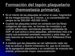 Formación del tapón plaquetario
        (hemostasia primaria).
   Es el intento de las plaquetas de cerrar el vaso, fragmentos
    de los megacariocitos de 2 micras, y su concentración en
    sangre es de 200,000- 400,000 /mm3.
   Cuando las plaquetas entran en contacto con las fibras
    colágenas del vaso roto, se hinchan de inmediato y se
    vuelven adherentes, secretando grandes cantidades de
    ADP, el cual activa a otras plaquetas, adhiréndose más a la
    matriz sub-endotelial (endotelio vascular) y entre ellas, en
    esta reacción se necesita el factor de Von Willebrand (Fact.
    VIII).
   A medida que las plaquetas se van adhiriendo cada vez
    más se activan y liberan trmboxano A2, que es el inductor
    de la agregación plaquetaria y un constrictor de músculo liso
    arterial, produciendo mayor vasoconstricción.
 