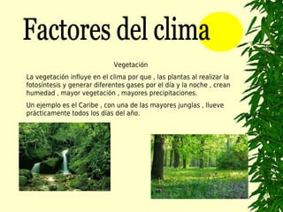 Vegetación
La vegetación influye en el clima por que , las plantas al realizar la
fotosíntesis y generar diferentes gases por el día y la noche , crean
humedad , mayor vegetación , mayores precipitaciones.
Un ejemplo es el Caribe , con una de las mayores junglas , llueve
prácticamente todos los días del año.
 