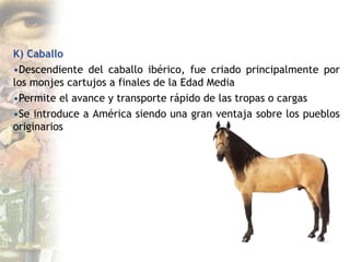 K) Caballo
•Descendiente del caballo ibérico, fue criado principalmente por
los monjes cartujos a finales de la Edad Media
•Permite el avance y transporte rápido de las tropas o cargas
•Se introduce a América siendo una gran ventaja sobre los pueblos
originarios
 
