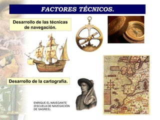 FACTORES TÉCNICOS.
Desarrollo de las técnicas
de navegación.
Desarrollo de la cartografía.
ENRIQUE EL NAVEGANTE
(ESCUELA DE NAVEGACIÓN
DE SAGRES).
 