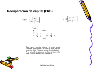 ( )
( )






−+
+
=
11
1
n
n
i
ii
PA
Ing Paul Linares OrtegaIng Paul Linares Ortega
Recuperación de capital (FRC)Recuperación de capital (FRC)
0 1 2 n-2 n-1 n
P=dado
A=?
i=dado
Este factor permite obtener el costo anual
uniforme equivalente A durante n años, de una
inversión dada P cuando la tasa de interés es i.
A se ubicará, empezando un lugar a la derecha
de P y tantas flechas como indique n.
FRC=
( )
( )






−+
+
=
11
1
n
n
i
ii
PA
 