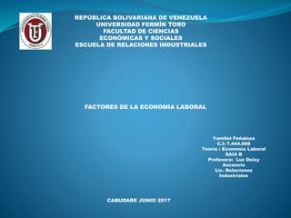 REPÚBLICA BOLIVARIANA DE VENEZUELA
UNIVERSIDAD FERMÍN TORO
FACULTAD DE CIENCIAS
ECONÓMICAS Y SOCIALES
ESCUELA DE RELACIONES INDUSTRIALES
Yamilet Peñaloza
C.I: 7.444.888
Teoría : Economía Laboral
SAIA B
Profesora: Luz Deisy
Ascencio
Lic. Relaciones
Industriales
CABUDARE JUNIO 2017
FACTORES DE LA ECONOMÍA LABORAL
 