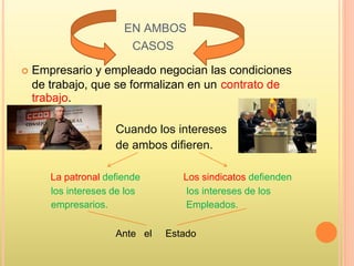 EN AMBOS
CASOS
 Empresario y empleado negocian las condiciones
de trabajo, que se formalizan en un contrato de
trabajo.
Cuando los intereses
de ambos difieren.
La patronal defiende Los sindicatos defienden
los intereses de los los intereses de los
empresarios. Empleados.
Ante el Estado
 