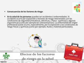 • Consecuencias de los factores de riesgo

• En la salud de las personas: pueden ser accidentes o enfermedades. El
  accidente ocurre por exposición a factores de riesgo relacionados con las
  condiciones de seguridad (mecánicas, eléctricas, y físico - químicas) y algunas
  ergonómicas (como por ejemplo los sobreesfuerzos). La enfermedad de origen
  profesional puede ocurrir, especialmente, por la exposición a las condiciones de
  riesgo físicas y químicas (como por ejemplo. Ruido y material particulado).




                 Efectos de los factores
                  de riesgo en la salud
 