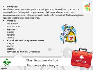 • Biológicos:
Se refiere a micro y macroorganismos patógenos y a los residuos, que por sus
características físico químicos, pueden ser tóxicos para las personas que
entren en contacto con ellos, desencadenando enfermedades infectocontagiosas,
reacciones alérgicas o intoxicaciones.
• Animales
    vertebrados
    invertebrados
• Vegetales
    musgos
    helechos
    semillas
• Exposición a microorganismos como:
    hongos
    amebas
    bacteria
    derivados de animales y vegetales


                     Clasificacion de los
                     Factores de riesgo
 