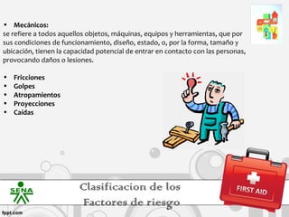 • Mecánicos:
se refiere a todos aquellos objetos, máquinas, equipos y herramientas, que por
sus condiciones de funcionamiento, diseño, estado, o, por la forma, tamaño y
ubicación, tienen la capacidad potencial de entrar en contacto con las personas,
provocando daños o lesiones.

•   Fricciones
•   Golpes
•   Atropamientos
•   Proyecciones
•   Caídas




                         Clasificacion de los
                         Factores de riesgo
 