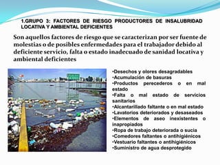 1.GRUPO 3: FACTORES DE RIESGO PRODUCTORES DE INSALUBRIDAD
  LOCATIVA Y AMBIENTAL DEFICIENTES

Son aquellos factores de riesgo que se caracterizan por ser fuente de
molestias o de posibles enfermedades para el trabajador debido al
deficiente servicio, falta o estado inadecuado de sanidad locativa y
ambiental deficientes
                                   •Desechos y olores desagradables
                                   •Acumulación de basuras
                                   •Productos perecederos o en mal
                                   estado
                                   •Falta o mal estado de servicios
                                   sanitarios
                                   •Alcantarillado faltante o en mal estado
                                   •Lavatorios deteriorados y desaseados
                                   •Elementos de aseo inexistentes o
                                   inapropiados
                                   •Ropa de trabajo deteriorada o sucia
                                   •Comedores faltantes o antihigiénicos
                                   •Vestuario faltantes o antihigiénicos
                                   •Suministro de agua desprotegido
 