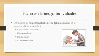 Factores de riesgo Individuales
• Los factores de riesgo individuales que se deben considerar en la
identificación de riesgos son:
• Las habilidades individuales
• El entrenamiento
• Edad y género
• Problemas de salud.
 