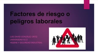 Factores de riesgo o
peligros laborales
LUIS DAVID GONZÁLEZ ORTIZ
UNIVERSIDAD ECCI
HIGIENE Y SEGURIDAD INDUSTRIAL
 
