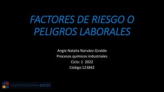 FACTORES DE RIESGO O
PELIGROS LABORALES
Angie Natalia Narváez Giraldo
Procesos químicos industriales
Ciclo: 1 2022
Código:123842
 