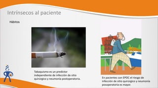 Intrínsecos al paciente
Hábitos
Tabaquismo es un predictor
independiente de infección de sitio
quirúrgico y neumonía postoperatoria. En pacientes con EPOC el riesgo de
infección de sitio quirúrgico y neumonía
posoperatoria es mayor.