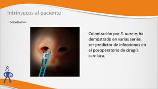 Intrínsecos al paciente
Colonización
Colonización por S. aureus ha
demostrado en varias series
ser predictor de infecciones en
el posoperatorio de cirugía
cardíaca.