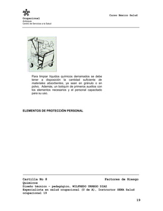 Curso Básico Salud
Ocupacional
Antioquia
Centro de Servicios a la Salud
ELEMENTOS DE PROTECCIÓN PERSONAL
Cartilla No 8 Factores de Riesgo
Químicos
Diseño técnico – pedagógico, WILFREDO URREGO DIAZ
Especialista en salud ocupacional (U de A), Instructor SENA Salud
ocupacional 19
19
Para limpiar líquidos químicos derramados se debe
tener a disposición la cantidad suficiente de
materiales absorbentes, ya sean en gránulo o en
polvo. Además, un botiquín de primeros auxilios con
los elementos necesarios y el personal capacitado
para su uso.
 