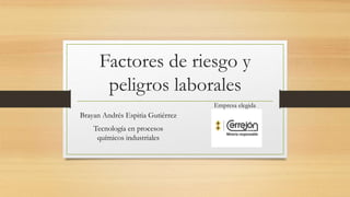 Factores de riesgo y
peligros laborales
Brayan Andrés Espitia Gutiérrez
Tecnología en procesos
químicos industriales
Empresa elegida
 