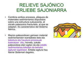 Combina ambos procesos, pliegues de materiales sedimentarios dispuestos sobre una estructura subyacente, el zócalo paleozoico fracturado, al que se adaptan. Es característico del Sistema Ibérico. Mazizo paleozoikoen gainean   material sedimentarioen txandaketa dela eta  tolestura eta haustura prozesuak bateratzen  ditu ; horrela, zokalo paleozoikoa eten egiten da eta  estalki sedimentarioa tolesten da beheko egiturari egokitzen.  Erliebe egitura hau Iberiar Sistemari dagokio. RELIEVE SAJÓNICO ERLIEBE SAJONIARRA 