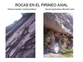 ROCAS EN EL PIRINEO AXIAL Pizarras /arbelak  (metamorofikoa)  Granito (plutonikoa) aflorando entre  calizas 