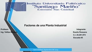 Factores de una Planta Industrial
Profesor: Integrante:
Ing. Yelitza Moreno Duarte Rossana
C.I. 25.261.974
Escuela:45
San Cristóbal, Septiembre del 2019
 