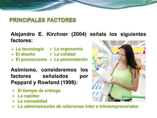 Alejandro E. Kirchner (2004) señala los siguientes
factores:
 La tecnología
 El diseño
 El precio/costo
 La ergonomía
 La calidad
 La presentación
 El tiempo de entrega
 La rapidez
 La comodidad
 La administración de relaciones inter e intraempresariales
Asimismo, consideremos los
factores señalados por
Peppard y Rowland (1998):
 