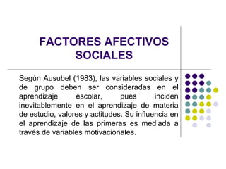 FACTORES AFECTIVOS SOCIALES Según Ausubel (1983), las variables sociales y de grupo deben ser consideradas en el aprendizaje escolar, pues inciden inevitablemente en el aprendizaje de materia de estudio, valores y actitudes. Su influencia en el aprendizaje de las primeras es mediada a través de variables motivacionales.  