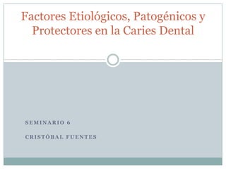 Factores Etiológicos, Patogénicos y
  Protectores en la Caries Dental




SEMINARIO 6

CRISTÓBAL FUENTES
 