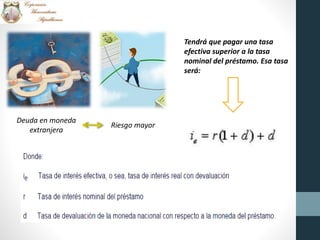 Deuda en moneda
extranjera
Riesgo mayor
Tendrá que pagar una tasa
efectiva superior a la tasa
nominal del préstamo. Esa tasa
será:
 