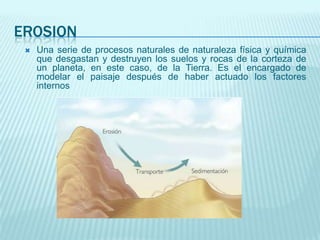 EROSION
 Una serie de procesos naturales de naturaleza física y química
que desgastan y destruyen los suelos y rocas de la corteza de
un planeta, en este caso, de la Tierra. Es el encargado de
modelar el paisaje después de haber actuado los factores
internos
 