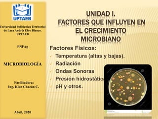 UNIDAD I.
FACTORES QUE INFLUYEN EN
EL CRECIMIENTO
MICROBIANO
Factores Físicos:
 Temperatura (altas y bajas).
 Radiación
 Ondas Sonoras
 Presión hidrostática
 pH y otros.
Universidad Politécnica Territorial
de Lara Andrés Eloy Blanco.
UPTAEB
PNFAg
MICROBIOLOGÍA
Facilitadora:
Ing. Kiuz Chacón C.
Abril, 2020
 