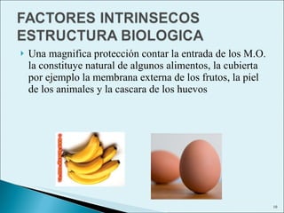 Una magnifica protección contar la entrada de los M.O. la constituye natural de algunos alimentos, la cubierta por ejemplo la membrana externa de los frutos, la piel de los animales y la cascara de los huevos 