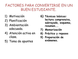 FACTORES PARA CONVERTIRSE EN UN
BUEN ESTUDIANTE.
1) Motivación
2) Planificación
3) Ambientación
adecuada.
4) Atención activa en
clase.
5) Toma de apuntes
6) Técnicas básicas:
lectura comprensiva,
subrayado, esquema,
resumen...
7) Memorización
8) Práctica y repasos
9) Preparación de
exámenes.
 