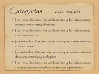 Categorías Los niños, las niñas, los adolescentes y las adolescentes víctimas de maltrato y abandono Los niños, las niñas, los adolescentes y las adolescentes institucionalizados Los niños, las niñas, los adolescentes y las adolescentes en conflicto armado Los niños, las niñas, los adolescentes y las adolescentes en desastres naturales y ecológicos Los niños, las niñas, los adolescentes y las adolescentes con necesidades específicas de atención y prevención  