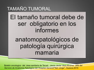 TAMAÑO TUMORAL
 Relación directa entre tamaño tumoral y la probabilidad de
metástasis ganglionares axilares
 26% en tumores de 1 cm
 78% en tumores >10 cm
El tamaño tumoral debe de
ser obligatorio en los
informes
anatomopatológicos de
patología quirúrgica
mamaria
Boletin oncologico del área sanitaria de Teruel.. Jesús Javier Vera Alvarez. Jefe del
Servicio de Anatomía Patológica del Hospital General"San Jorge". Huesca.2015
 