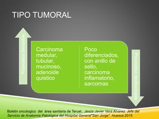 TIPO TUMORAL
Carcinoma
medular,
tubular,
mucinoso,
adenoide
quistico
Poco
diferenciados,
con anillo de
sello,
carcinoma
inflamatorio,
sarcomas
Pronosticofavorable
Pronósticodesfavorable
Boletin oncologico del área sanitaria de Teruel.. Jesús Javier Vera Alvarez. Jefe del
Servicio de Anatomía Patológica del Hospital General"San Jorge". Huesca.2015
 
