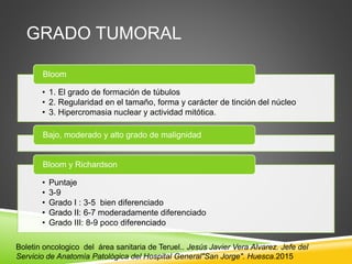 GRADO TUMORAL
• 1. El grado de formación de túbulos
• 2. Regularidad en el tamaño, forma y carácter de tinción del núcleo
• 3. Hipercromasia nuclear y actividad mitótica.
Bloom
Bajo, moderado y alto grado de malignidad
• Puntaje
• 3-9
• Grado I : 3-5 bien diferenciado
• Grado II: 6-7 moderadamente diferenciado
• Grado III: 8-9 poco diferenciado
Bloom y Richardson
Boletin oncologico del área sanitaria de Teruel.. Jesús Javier Vera Alvarez. Jefe del
Servicio de Anatomía Patológica del Hospital General"San Jorge". Huesca.2015
 