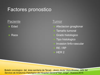 Factores pronostico
Paciente Tumor
 Edad
 Raza
 Afectacion gnaglionar
 Tamaño tumoral
 Grado histologico
 Tipo histologico
 Invasion linfo-vascular
 RE / RP
 HER 2
Boletin oncologico del área sanitaria de Teruel.. Jesús Javier Vera Alvarez. Jefe del
Servicio de Anatomía Patológica del Hospital General"San Jorge". Huesca.2015
 