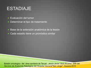 ESTADIAJE
 Evaluación del tumor
 Determinar el tipo de tratamiento
 Base de la extensión anatómica de la lesión
 Cada estadio tiene un pronóstico similar
Boletin oncologico del área sanitaria de Teruel.. Jesús Javier Vera Alvarez. Jefe del
Servicio de Anatomía Patológica del Hospital General"San Jorge". Huesca.2015
 