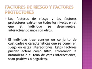  Los factores de riesgo y los factores
protectores existen en todos los niveles en el
que el individuo se desenvuelve,
in...