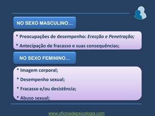“E se no decorrer da actividade sexual os pensamentos forem esmagadoramente negativos, não deixando espaço para os sexuais e/ou eróticos?”* Os indivíduos disfuncionais apresentam tendencialmente pensamentos negativos recorrentes durante o envolvimento sexual, impossibilitando o surgimento de pensamentos de cariz erótico, e desencadeando um resposta sexual negativa; www.oficinadepsicologia.com