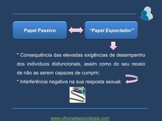 ISTO É…Durante o envolvimento sexual…Indivíduos FuncionaisIndivíduos DisfuncionaisFoco de Atenção:Sensações PrazerEstímulos EróticosFoco de Atenção:Desempenho SexualPapel ActivoPapel Passivowww.oficinadepsicologia.com