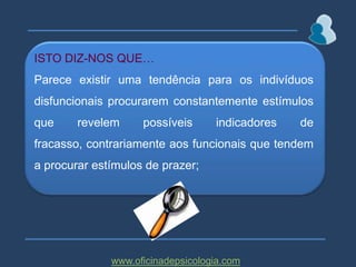 ASSIM…Estímulos “Exigentes”Obstáculo InsuperávelIncentivo PositivoBaixa Expectativa Desempenho eAntecipação de FracassoFoque da Atenção emSensações de Prazer e em Estímulos EróticosIndivíduos FuncionaisIndivíduos DisfuncionaisDiminuição RspSxlAumento RspSxlwww.oficinadepsicologia.com