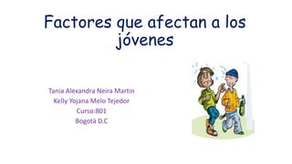 Factores que afectan a los
jóvenes
Tania Alexandra Neira Martin
Kelly Yojana Melo Tejedor
Curso:801
Bogotá D.C
 